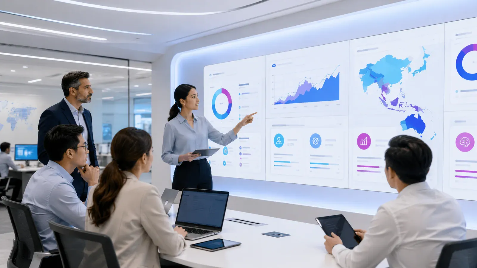 Decision-makers in an analytics briefing reviewing practical guidance