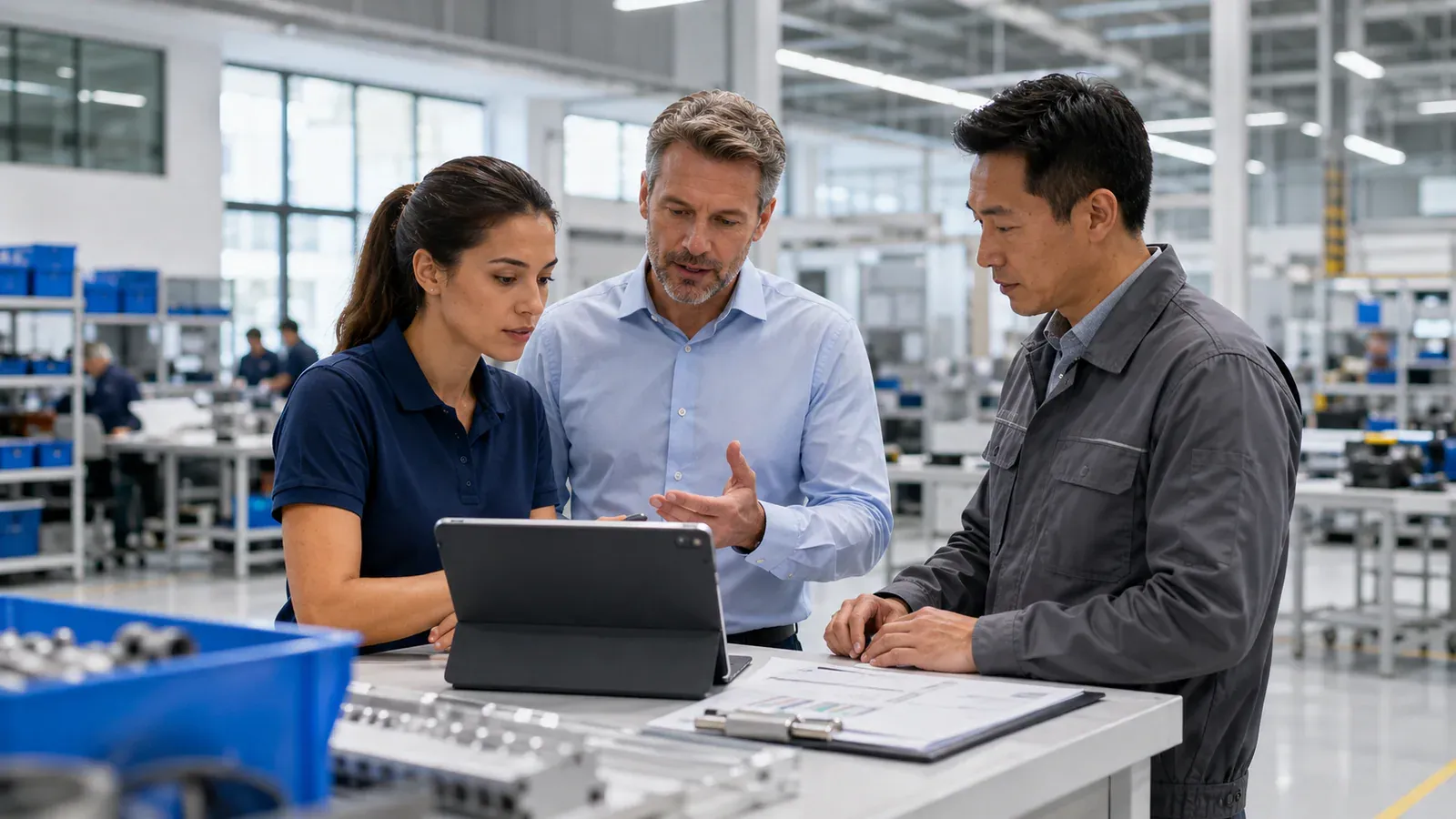 Consultants and operators reviewing production on the factory floor