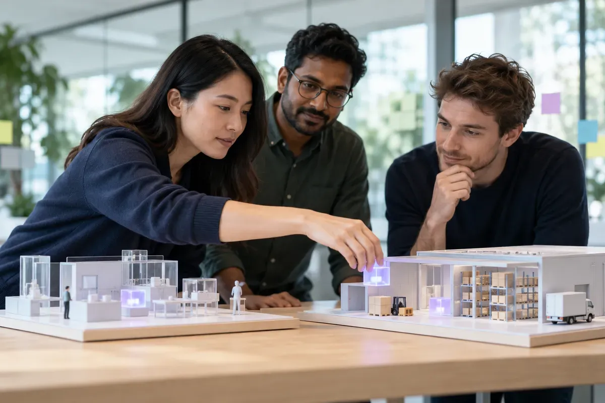 Three colleagues arranging a white scale model of a production site and warehouse.