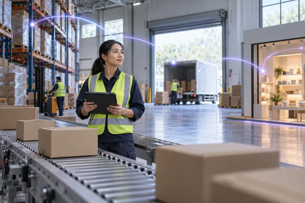 A warehouse lead with a tablet beside a conveyor, with a storefront and a loading dock on the same floor.