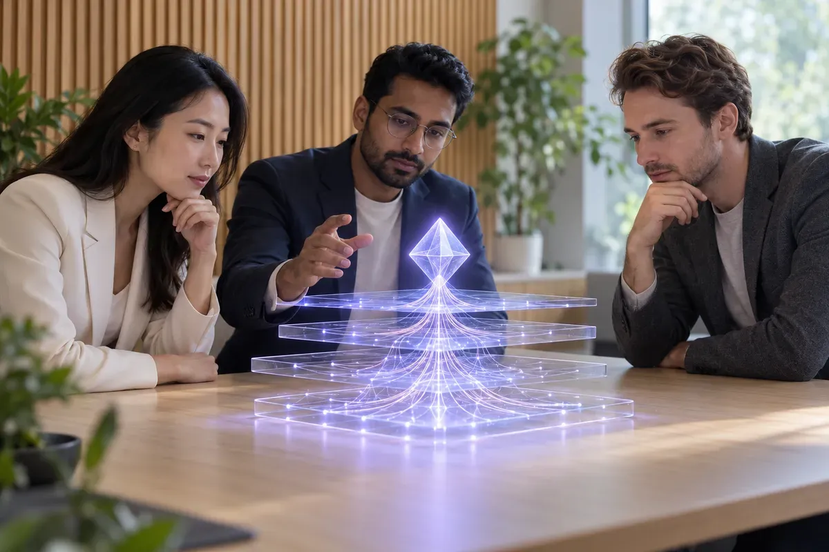 Three colleagues studying a layered model of data lit up on the table between them.