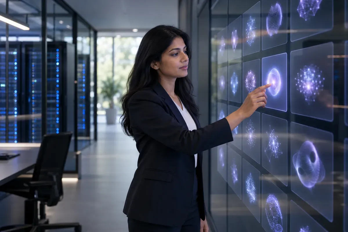 A woman pointing at a wall of monitoring screens beside server racks.