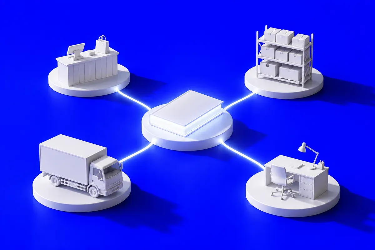 On deep blue, a white model where shop, stock, delivery and office each send a glowing line into one closed ledger at the centre.