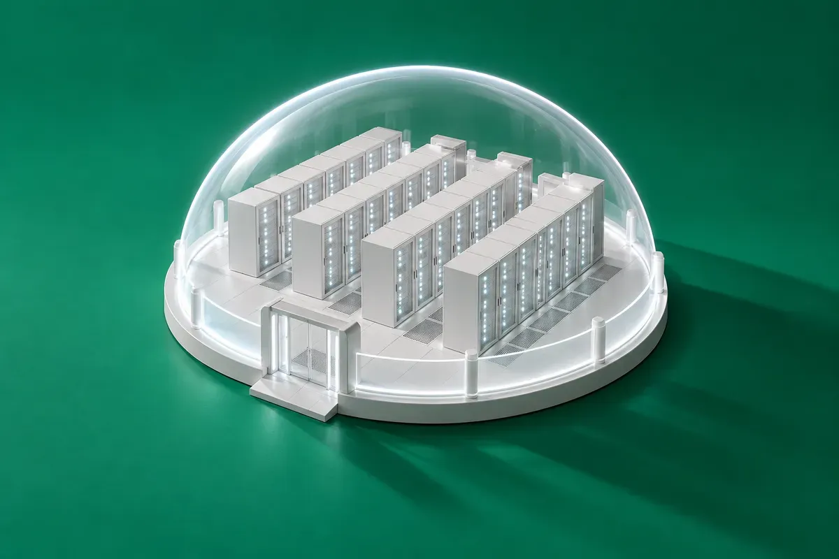 On deep green, a white model of a compact data centre enclosed by a glowing protective dome with one controlled gate.