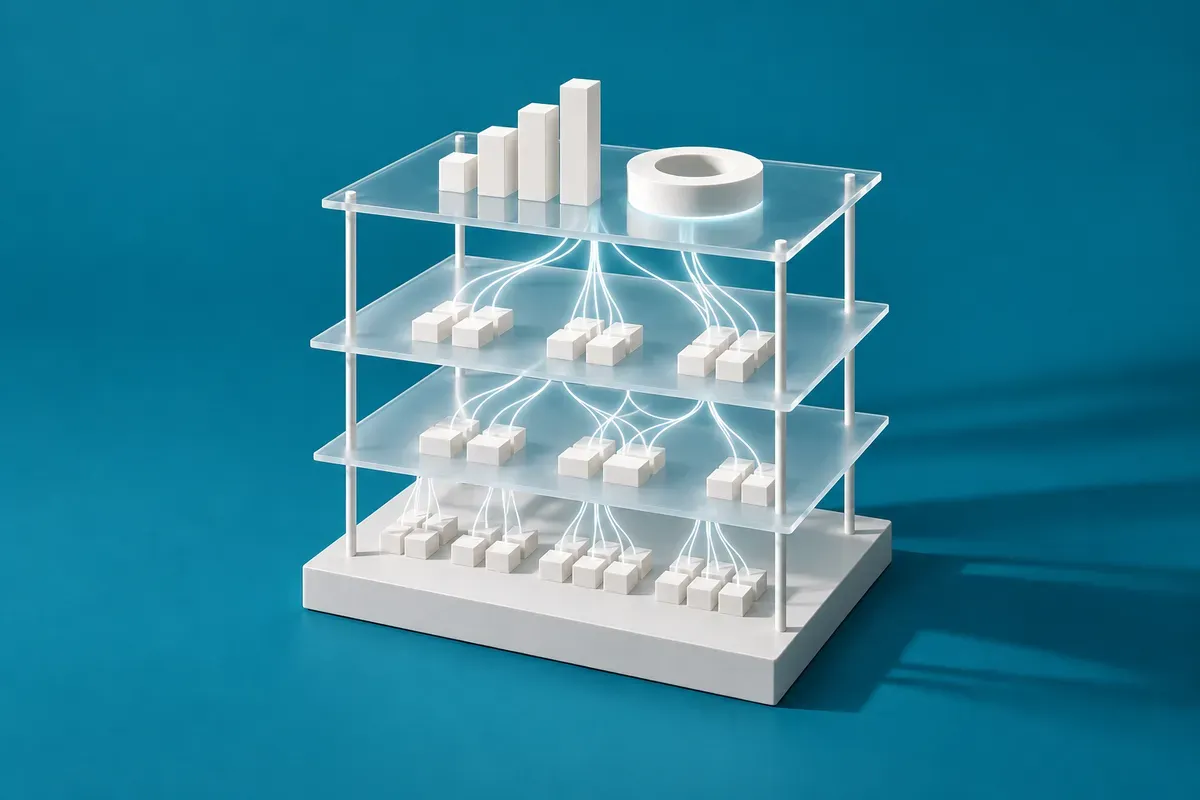 On deep teal, a white model of stacked translucent data layers whose glowing threads converge on one clear reporting layer.