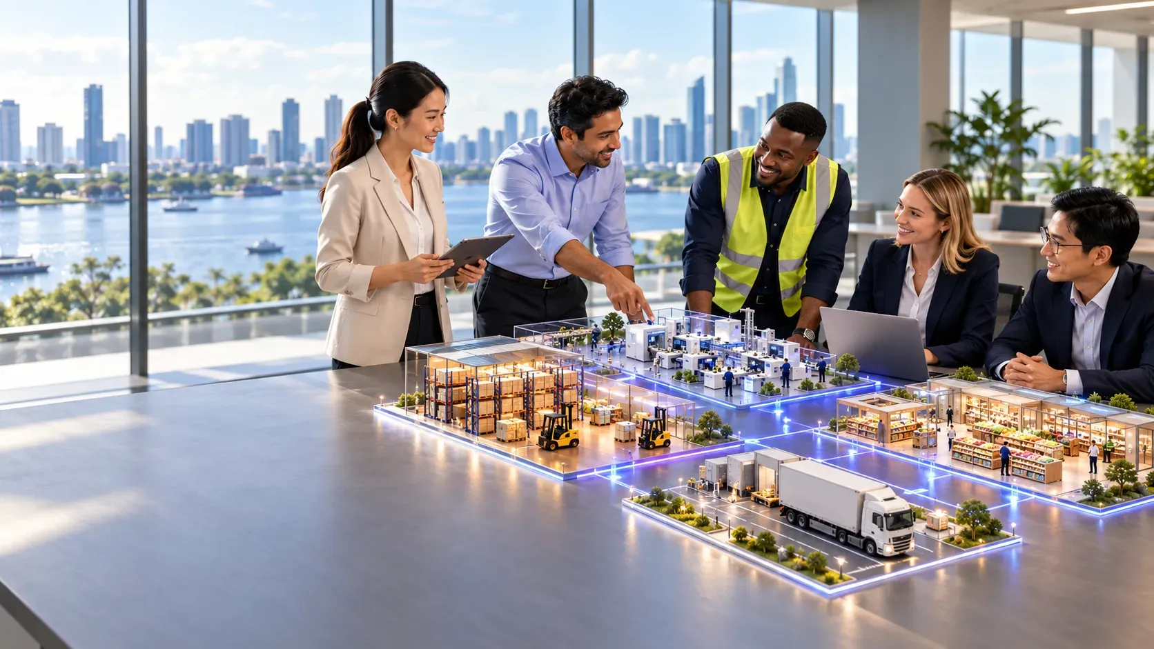 Five colleagues in a bright office above a waterfront skyline, around a glowing scale model of a warehouse, a store, a production line and a delivery truck.