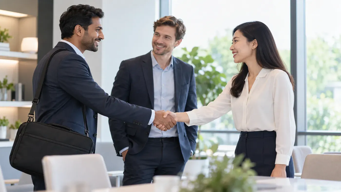 Two colleagues welcoming a new specialist with a handshake in the office.