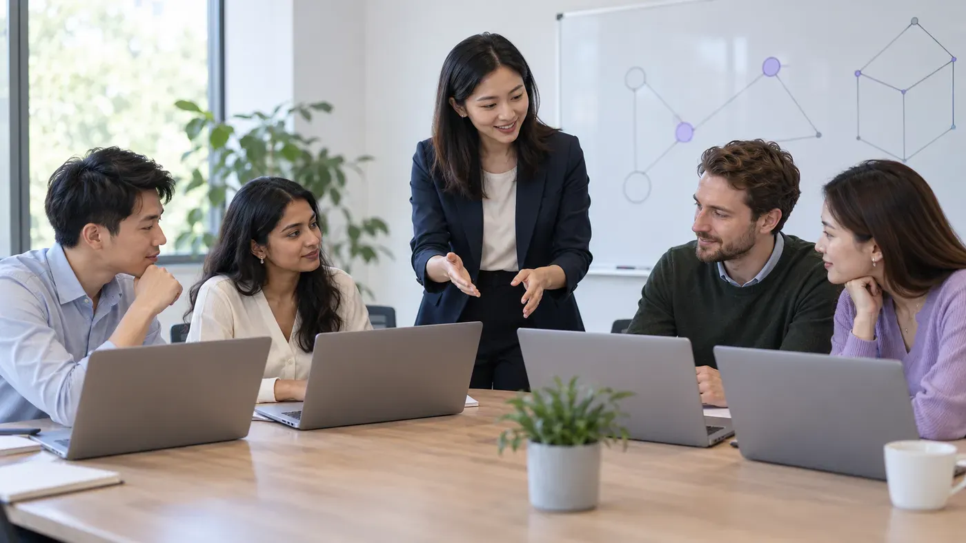 A trainer leading a session for four colleagues working on laptops.