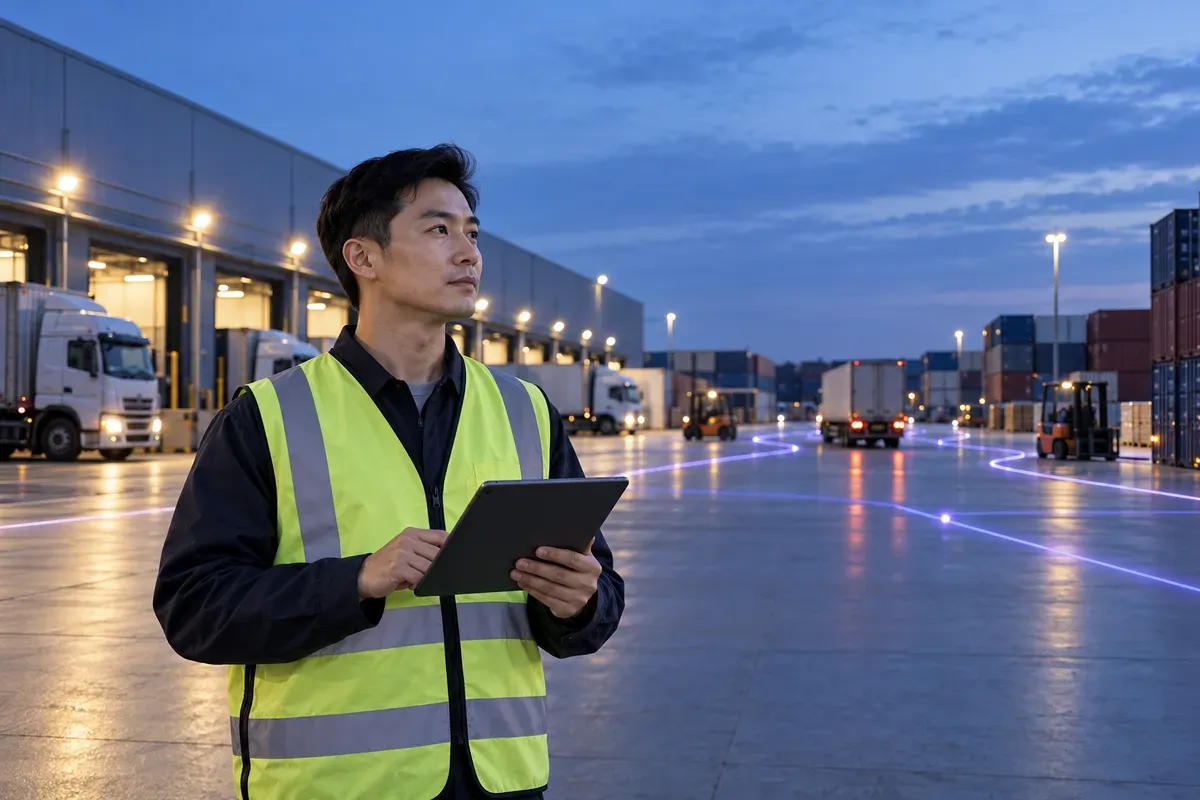 A yard supervisor with a tablet in a truck yard at dusk, loading docks behind him.
