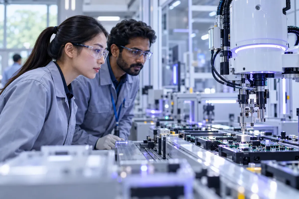 Two technicians in safety glasses inspecting an automated production line.