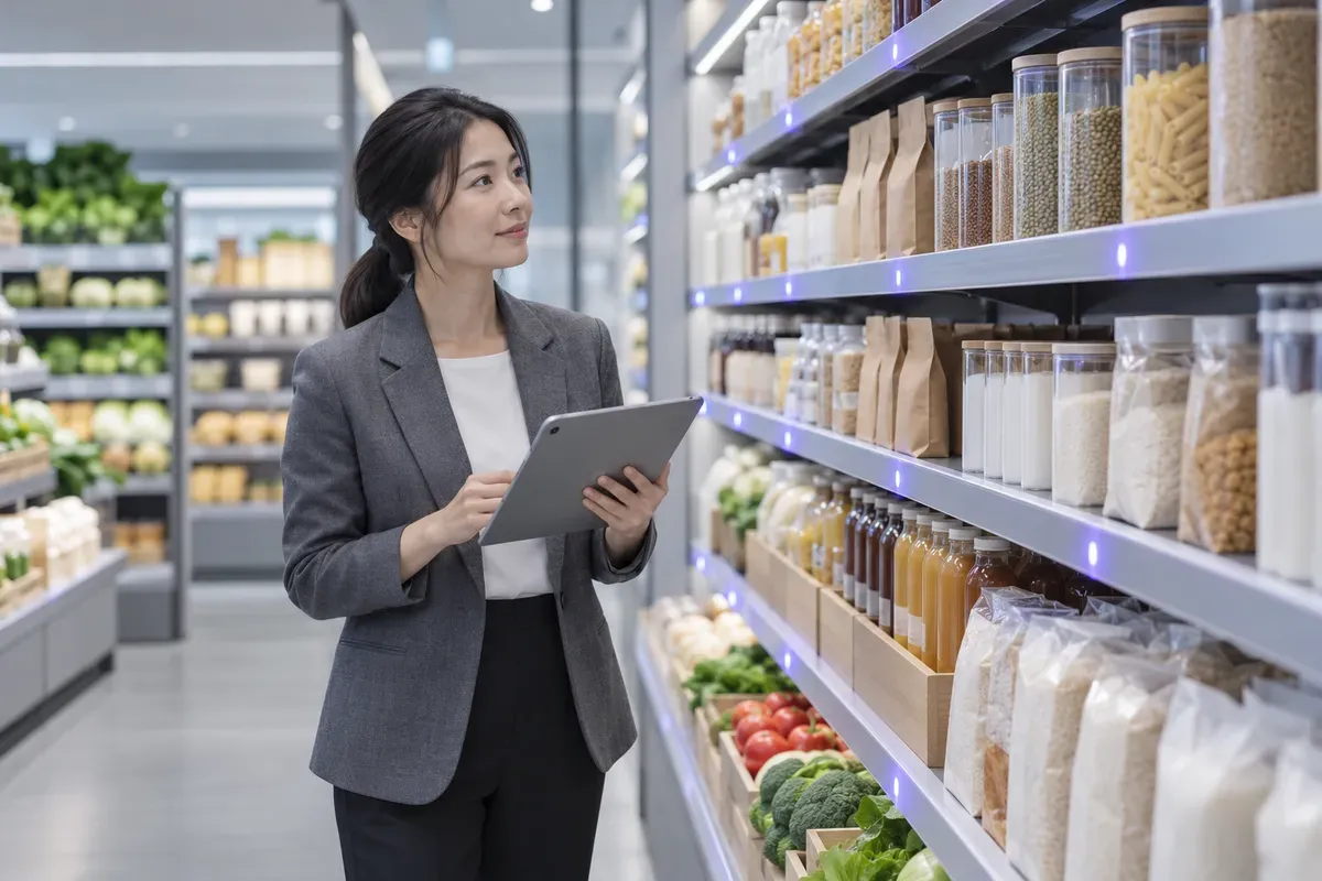 A store manager with a tablet in a grocery aisle.