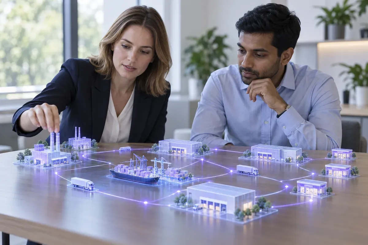 Two planners leaning over a lit network model of factories, warehouses, a port and trucks.