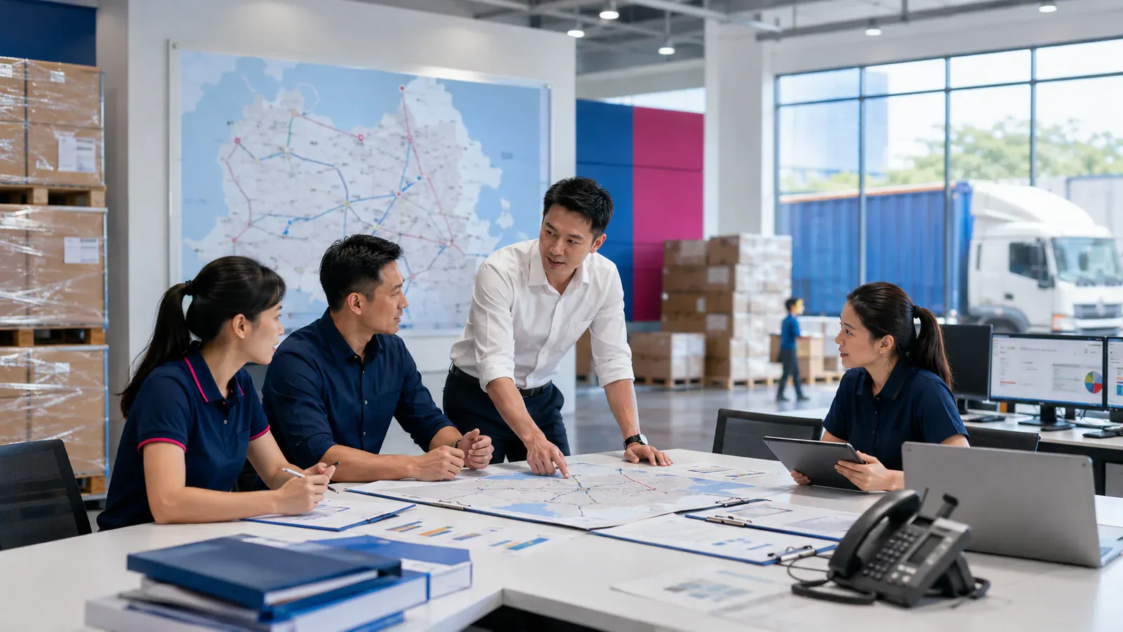Distribution team planning the logistics network