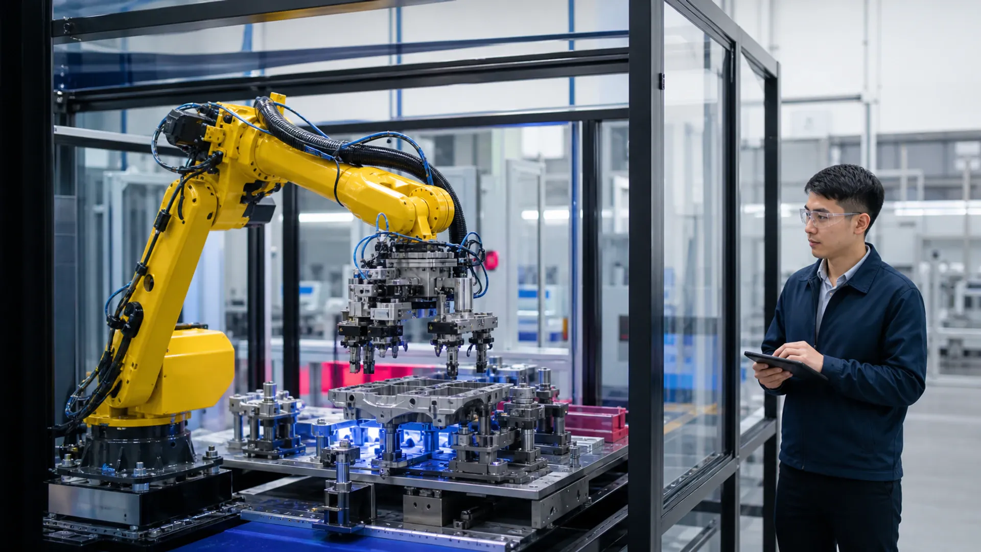 An engineer with a tablet watching a yellow robot arm work inside a guarded cell.