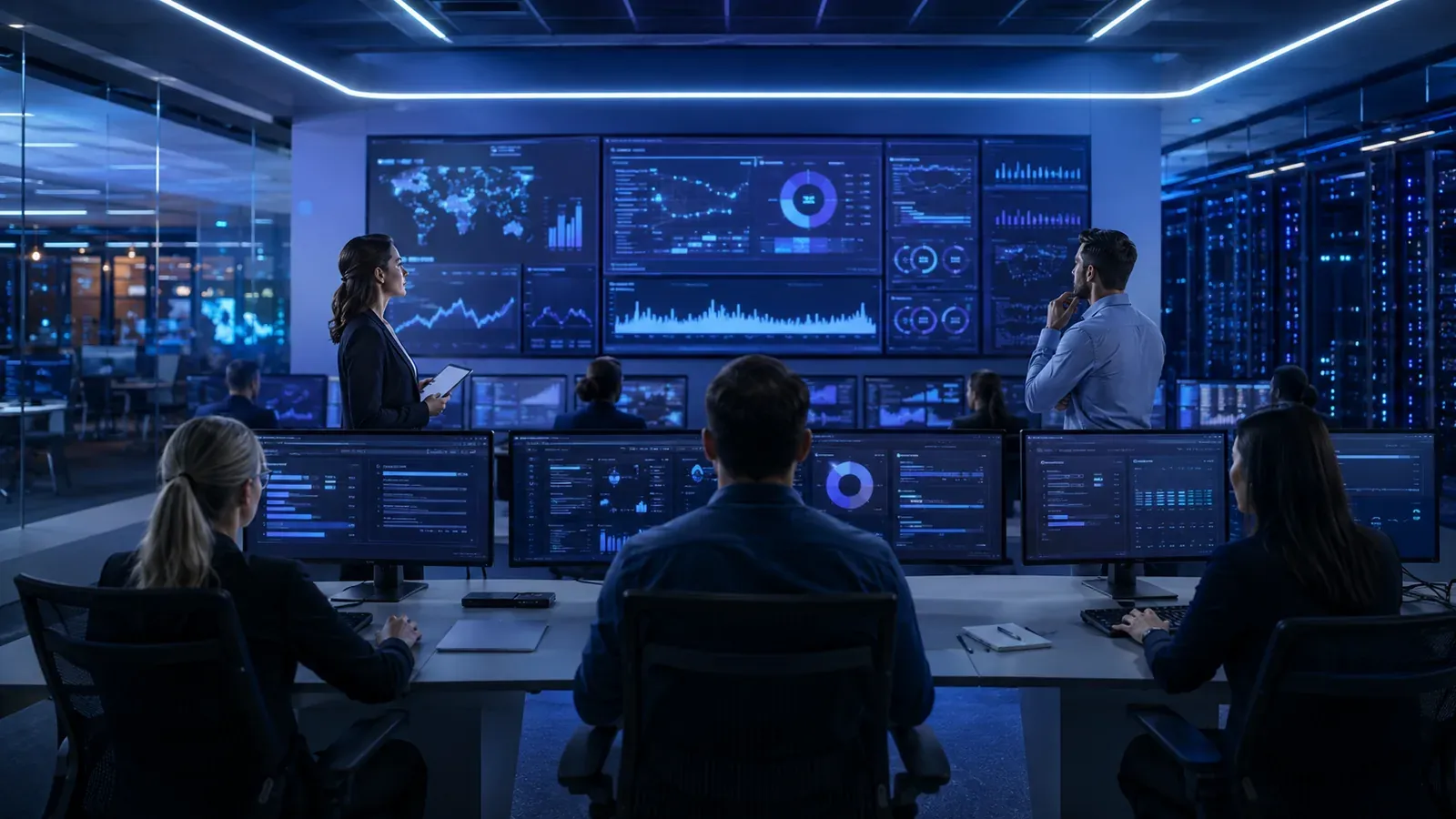 Engineers monitoring Azure cloud infrastructure across an operations wall