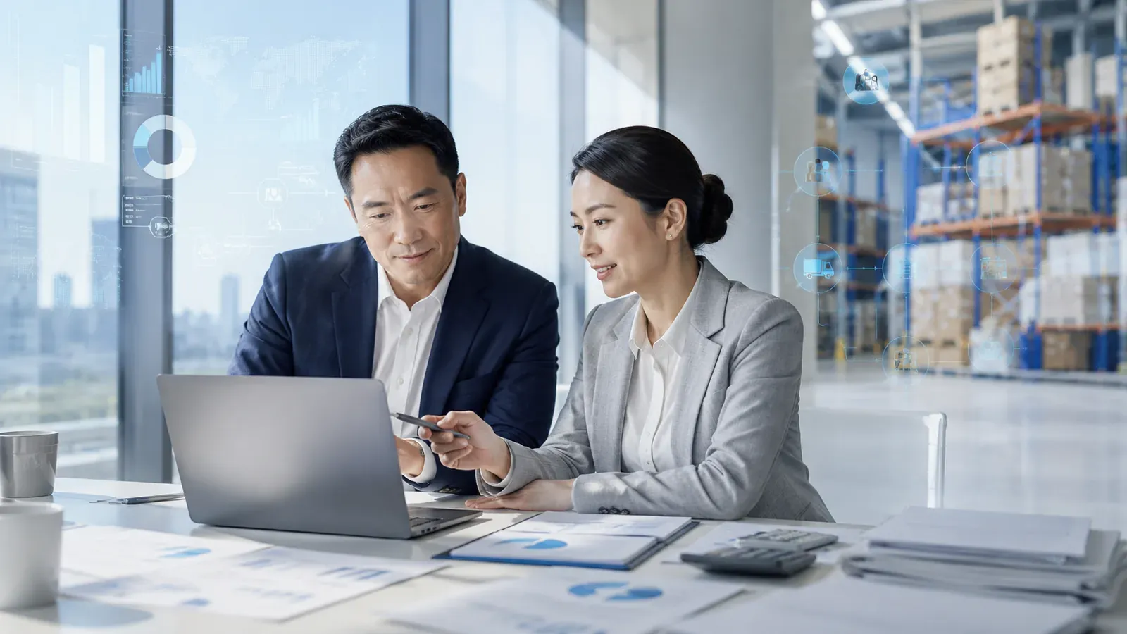 Finance and operations leads reviewing Business Central data with the warehouse beyond