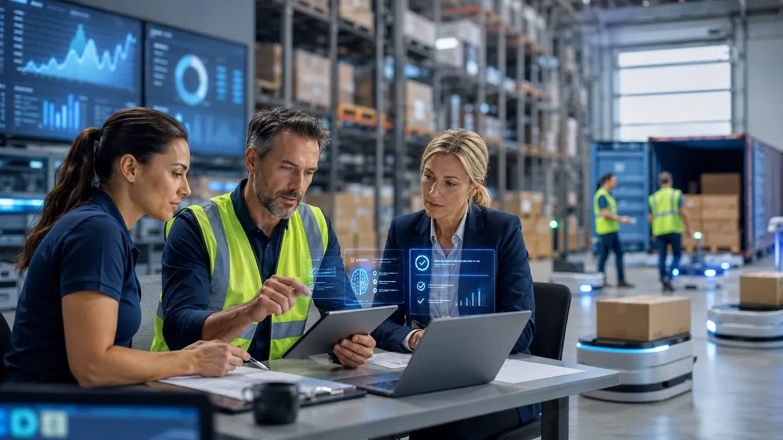 Consultants assessing ERP readiness on a working warehouse floor