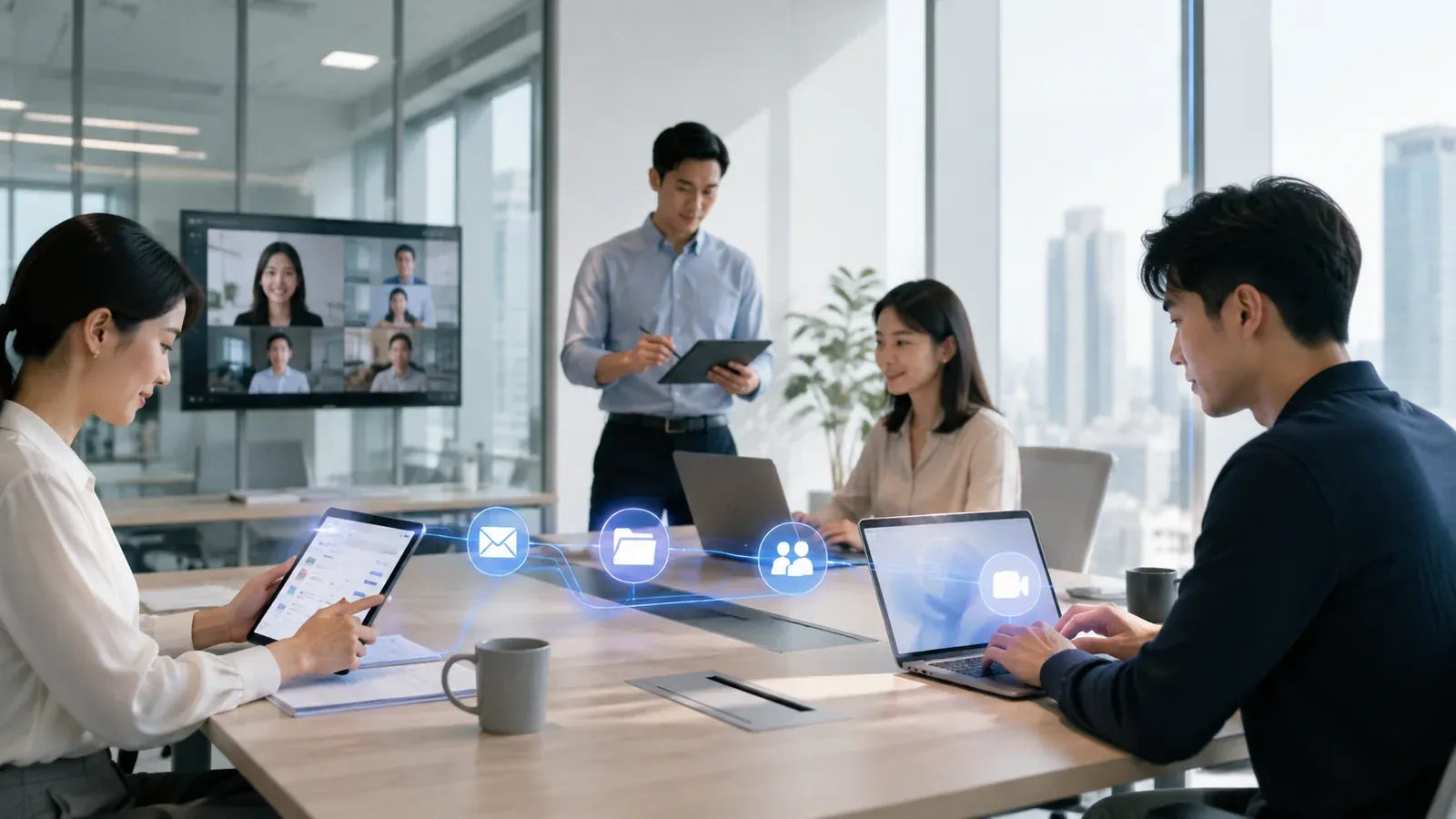 A team collaborating in Microsoft 365 with a Teams meeting on the room display
