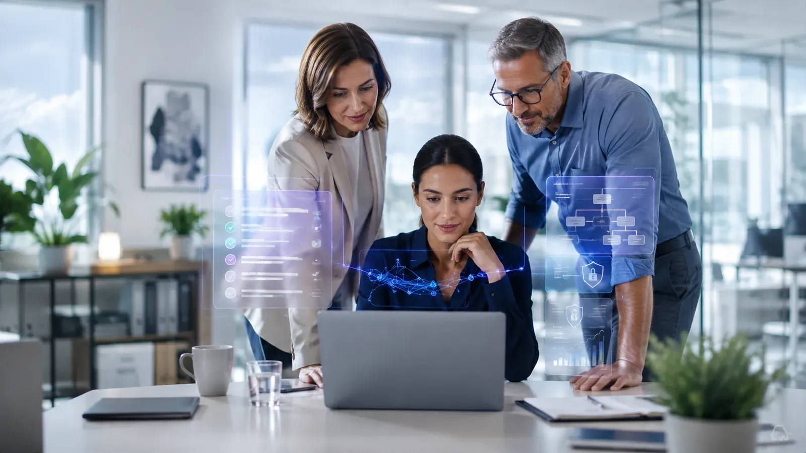 A small business team reviewing Microsoft 365 Copilot adoption together on a laptop