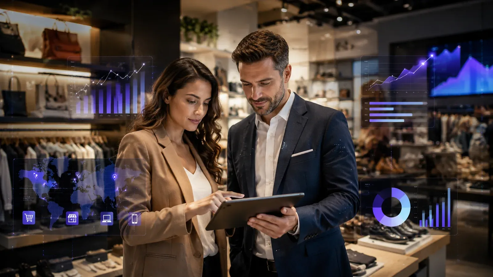Retail managers reviewing Power BI analytics on a tablet in store