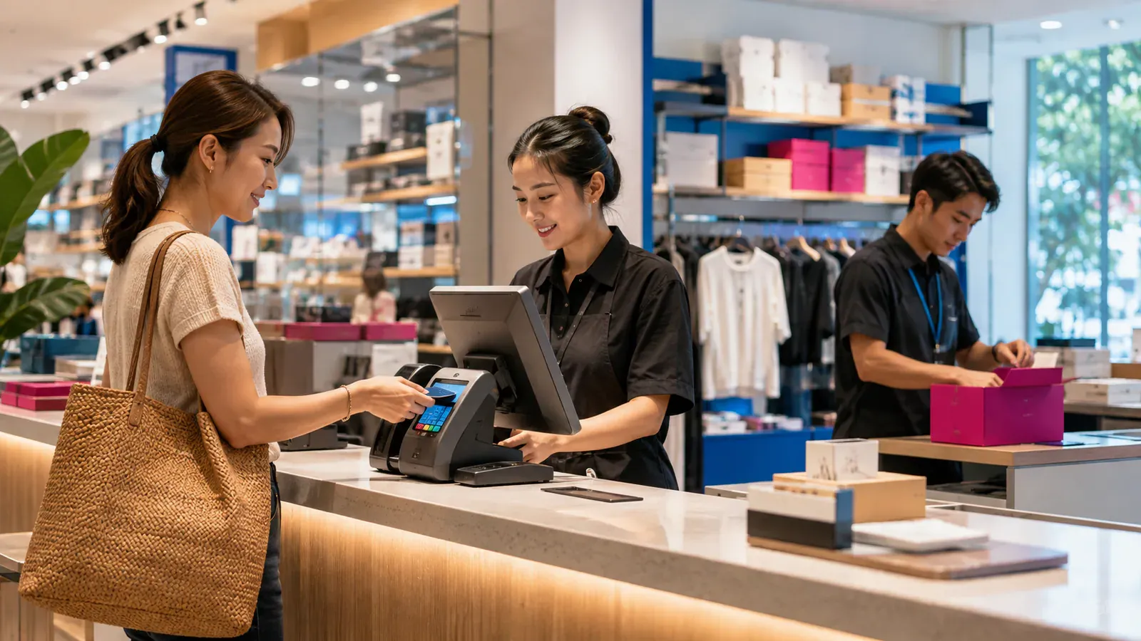 Retail team serving customers at a connected point of sale
