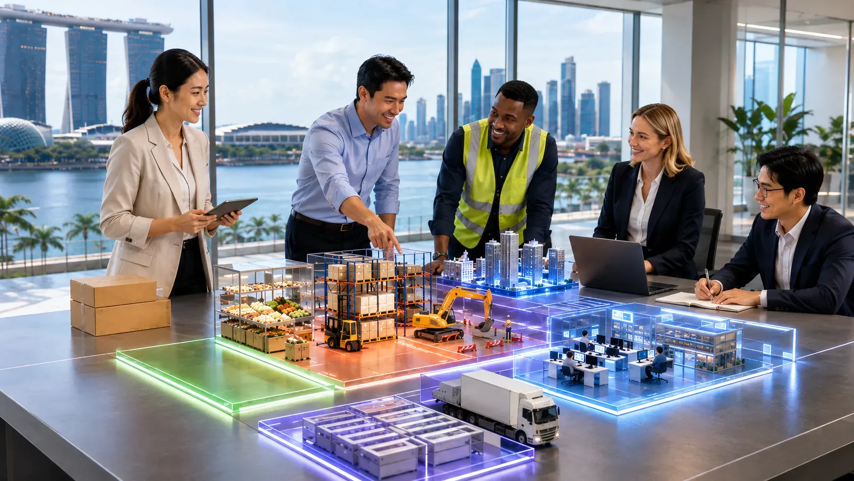 A team in INFOC's Singapore office reviewing one connected operating model across retail, warehouse, production and logistics