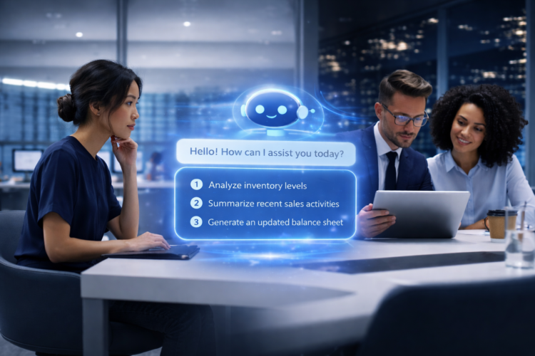 Adopting AI-Powered Cloud Technology with Dynamics 365 Business Central Professional working on AI-powered cloud business software dashboard for finance, sales analytics, and chatbot support