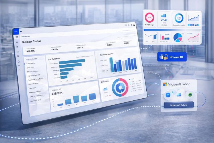 Business Central analytics with Power BI dashboards and Microsoft Fabric data platform concept