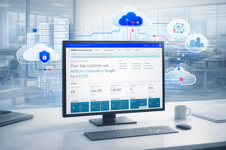 Business Central cloud hosting and infrastructure concept with ERP platform connectivity and cloud environment
