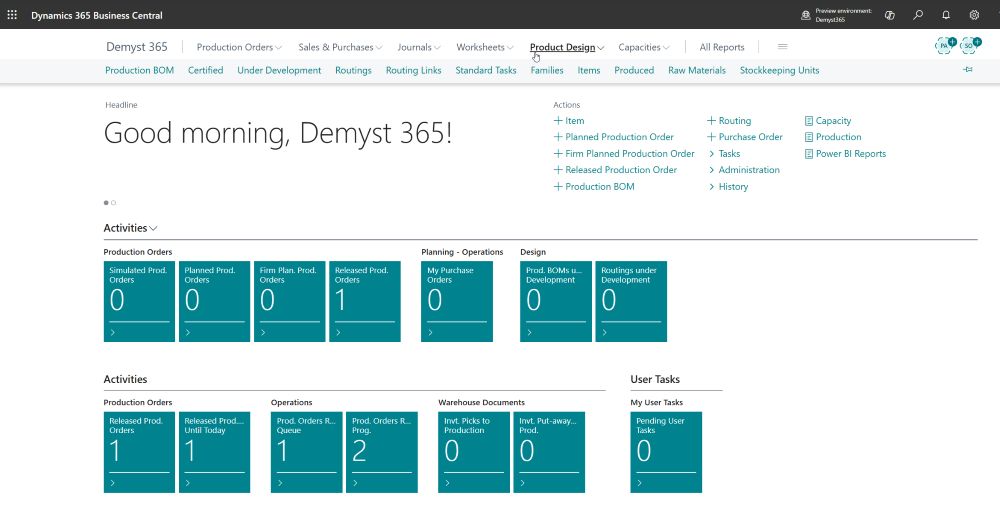 INFOC Business Central Manufacturing Dashboard INFOC manufacturing dashboard in Microsoft Dynamics 365 Business Central showing production orders and planning activities