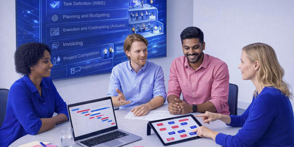 Digital Transformation in Project Management Abstract visualization of digital project management showing interconnected tasks, automated financial workflows, and profit margin growth in cyan and corporate blue.