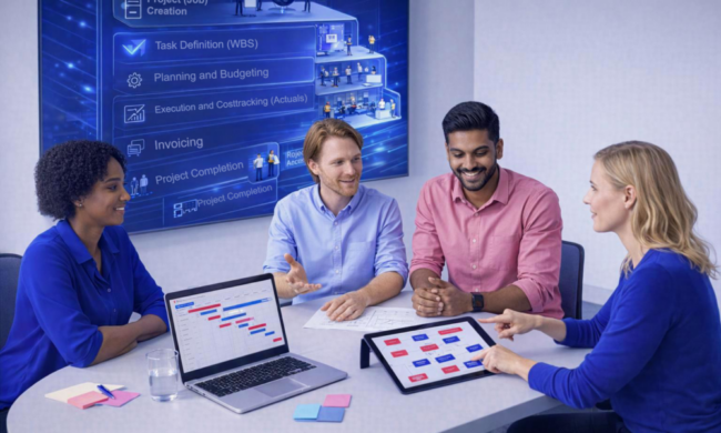 Abstract visualization of digital project management showing interconnected tasks, automated financial workflows, and profit margin growth in cyan and corporate blue.