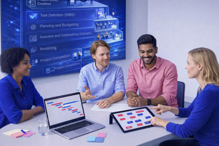 Digital Transformation in Project Management Abstract visualization of digital project management showing interconnected tasks, automated financial workflows, and profit margin growth in cyan and corporate blue.