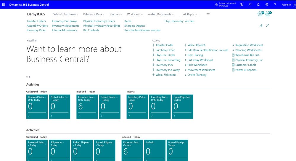 Business central Inventory home screen