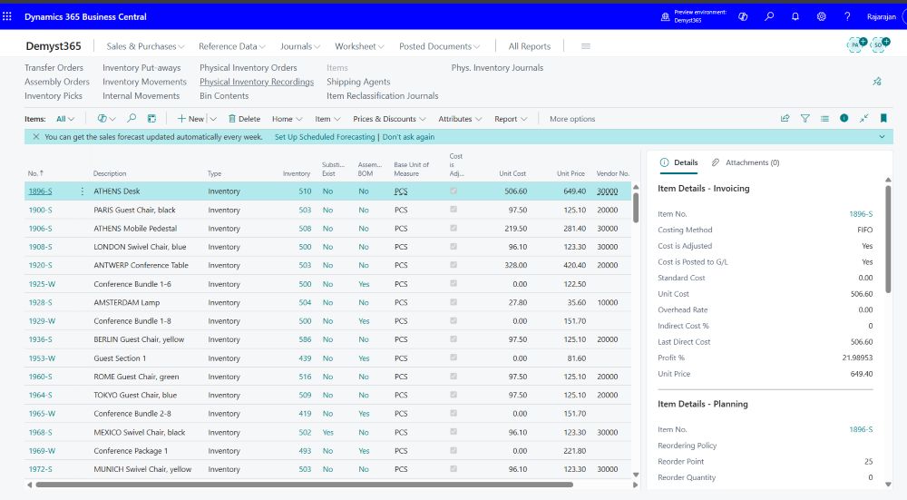 Business central Inventory item list