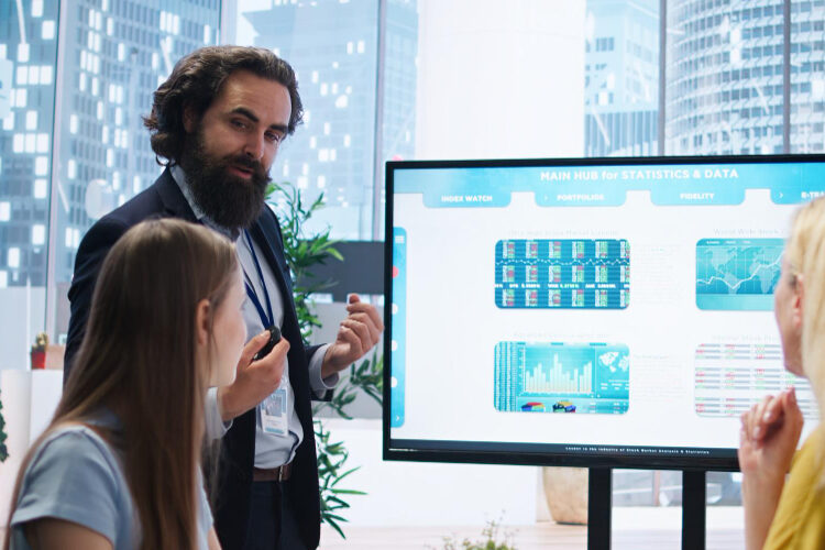 Digital Transformation Strategy for Business Growth – INFOC Business leader analyzing digital transformation strategy using AI and cloud solutions on a futuristic interface