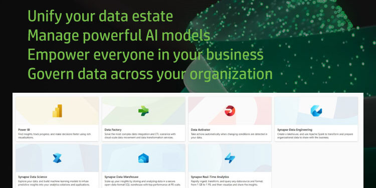 INFOC-Microsoft-Fabric—an-all-in-one-data-analytics-suite-designed-to-revolutionize-the-way-businesses-handle : A visual representation of the Microsoft Fabric suite, showing different components of the tool, including data engineering, data lakes, real-time analytics, and business intelligence.
