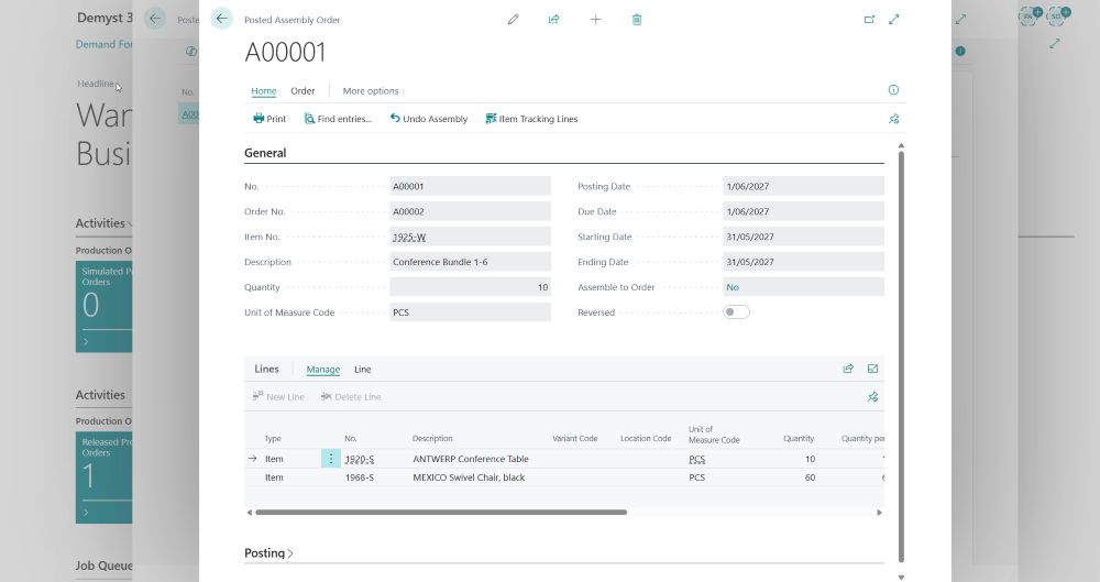 INFOC Posted Assembly Order in Business Central INFOC screenshot of a posted assembly order in Microsoft Dynamics 365 Business Central for light manufacturing