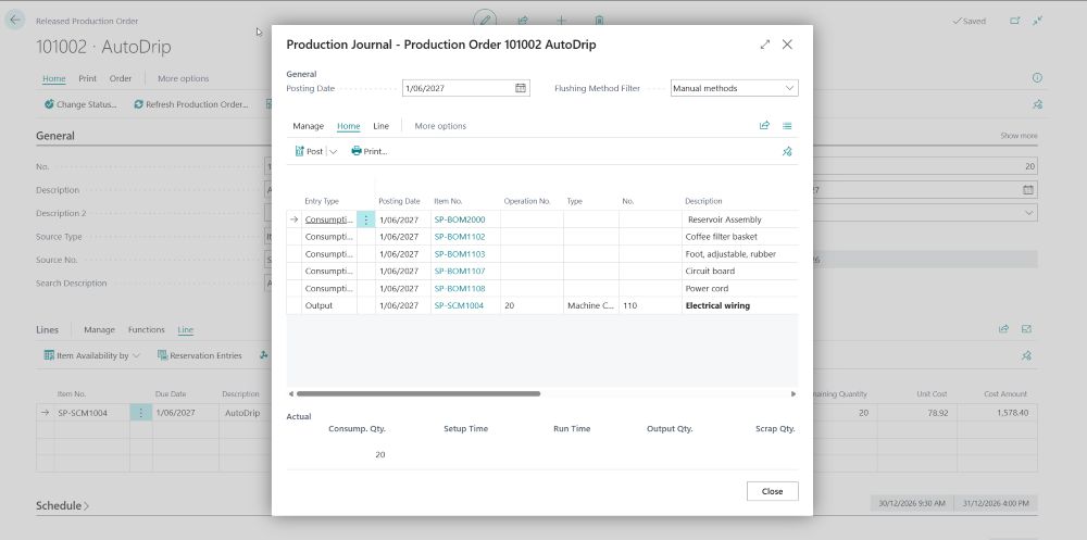 INFOC Production Journal in Business Central INFOC production journal screen in Microsoft Dynamics 365 Business Central showing consumption and output posting