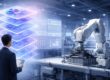 Smart manufacturing scene with robotic arm, engineer, and holographic production workflow in Microsoft Dynamics 365 Business Central