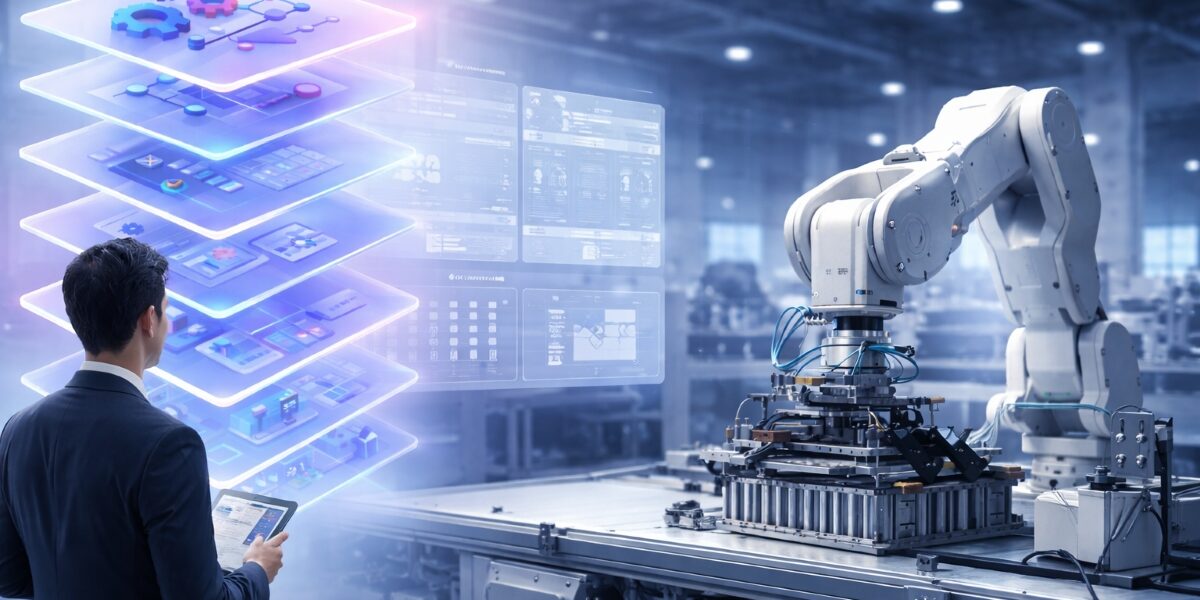 INFOC Smart Manufacturing in Microsoft Dynamics 365 Business Central Smart manufacturing scene with robotic arm, engineer, and holographic production workflow in Microsoft Dynamics 365 Business Central
