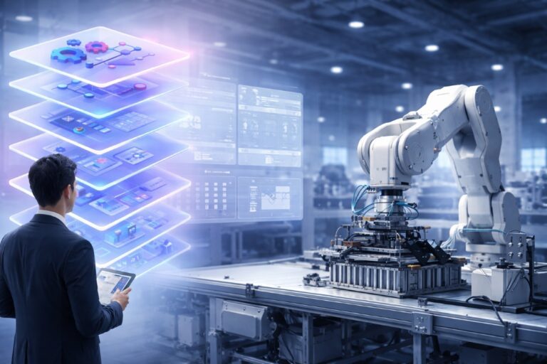 INFOC Smart Manufacturing in Microsoft Dynamics 365 Business Central Smart manufacturing scene with robotic arm, engineer, and holographic production workflow in Microsoft Dynamics 365 Business Central