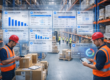 Warehouse workers scanning inventory and managing stock with Microsoft Dynamics 365 Business Central dashboards showing inventory levels, bin management, warehouse picks, shipments, and stock accuracy