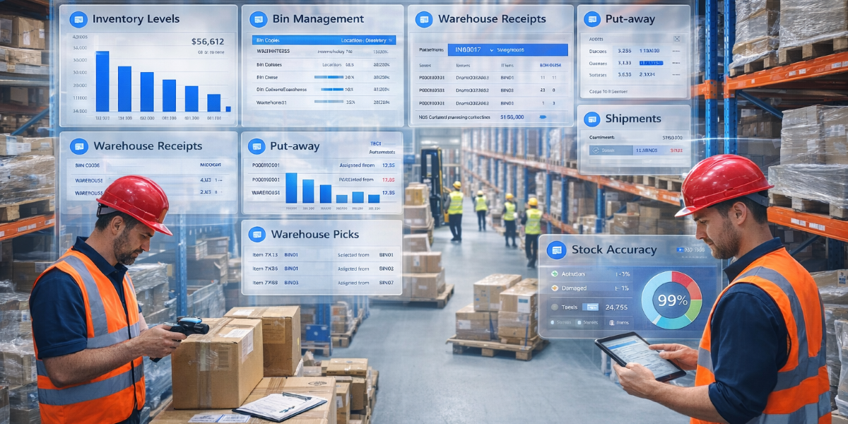 Key Warehouse Management Features in Microsoft Dynamics 365 Business Central-2 Warehouse workers scanning inventory and managing stock with Microsoft Dynamics 365 Business Central dashboards showing inventory levels, bin management, warehouse picks, shipments, and stock accuracy