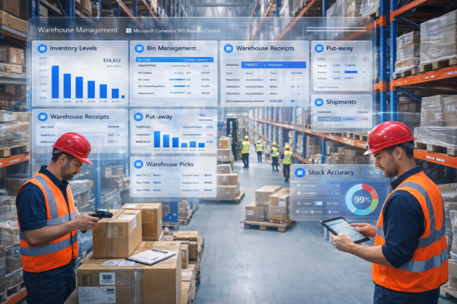 Warehouse workers scanning inventory and managing stock with Microsoft Dynamics 365 Business Central dashboards showing inventory levels, bin management, warehouse picks, shipments, and stock accuracy