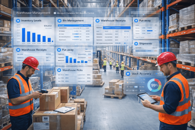Key Warehouse Management Features in Microsoft Dynamics 365 Business Central-2 Warehouse workers scanning inventory and managing stock with Microsoft Dynamics 365 Business Central dashboards showing inventory levels, bin management, warehouse picks, shipments, and stock accuracy