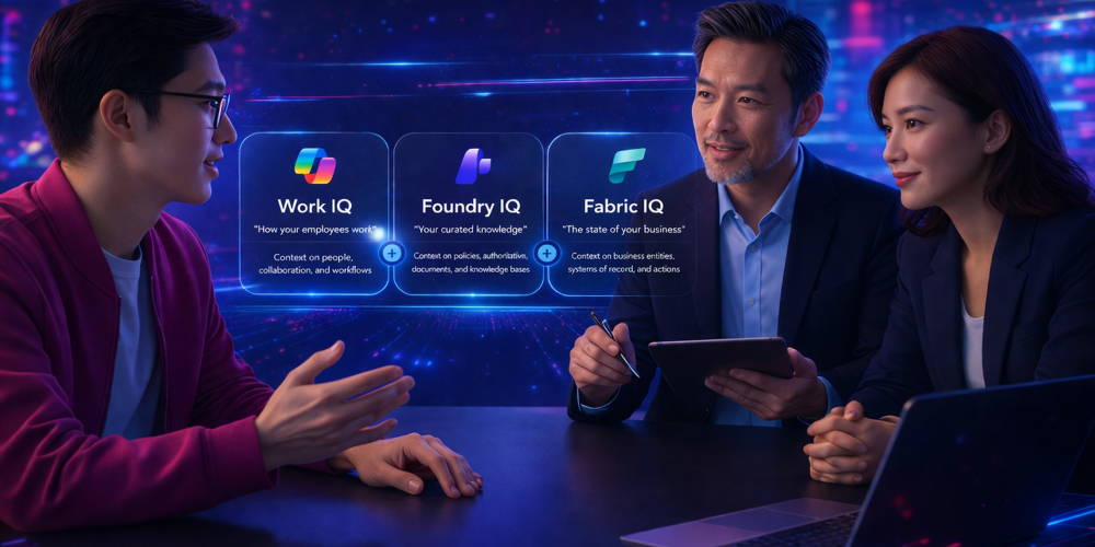 Diagram showing Microsoft IQ with Work IQ, Foundry IQ, and Fabric IQ connected to INFOC expertise in Azure, Fabric, Power BI, and Dynamics 365