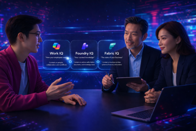 Diagram showing Microsoft IQ with Work IQ, Foundry IQ, and Fabric IQ connected to INFOC expertise in Azure, Fabric, Power BI, and Dynamics 365