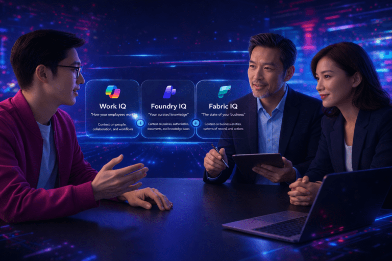 Microsoft IQ Enterprise AI with INFOC Expertise Diagram showing Microsoft IQ with Work IQ, Foundry IQ, and Fabric IQ connected to INFOC expertise in Azure, Fabric, Power BI, and Dynamics 365
