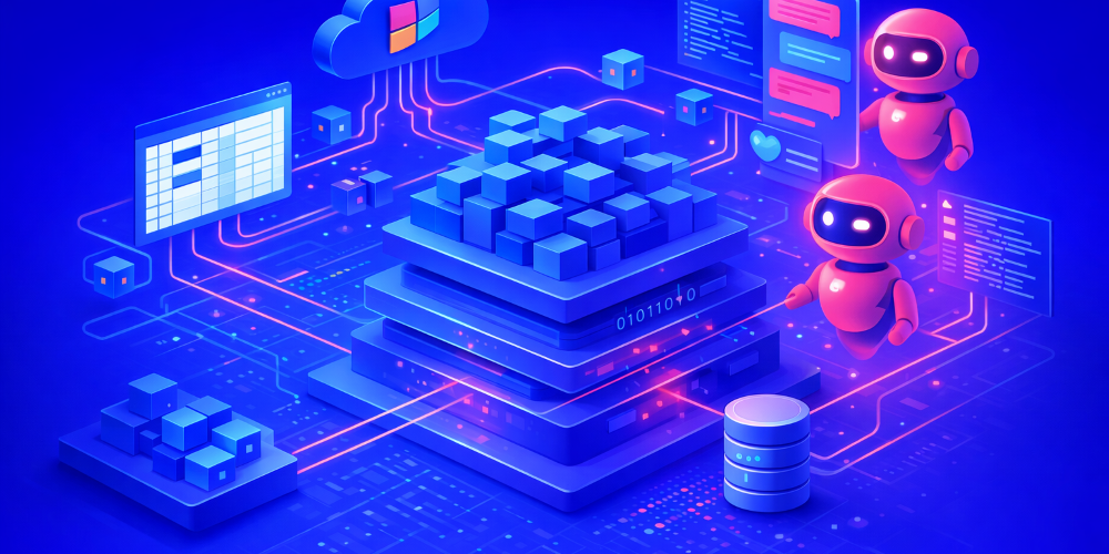 Microsoft Fabric architecture diagram showing ERP data consolidation from SAP, Dynamics, and CRM systems with Copilot agents generating business insights.
